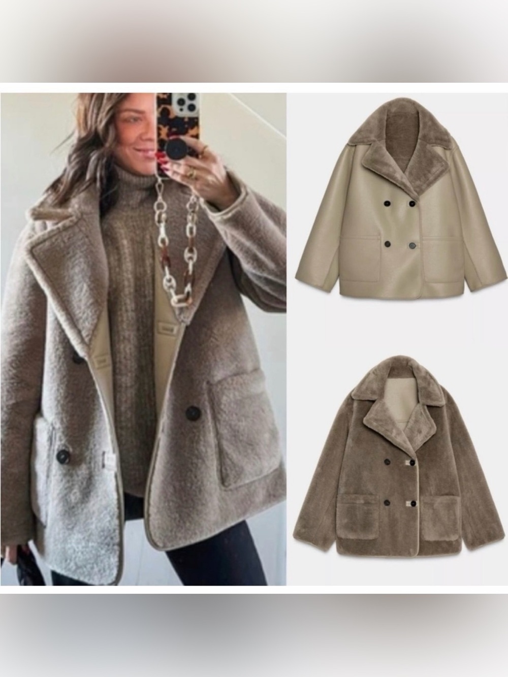 ZARA REVERSIBLE DOUBLE FACED SHERPA COAT TAUPE GRAY
